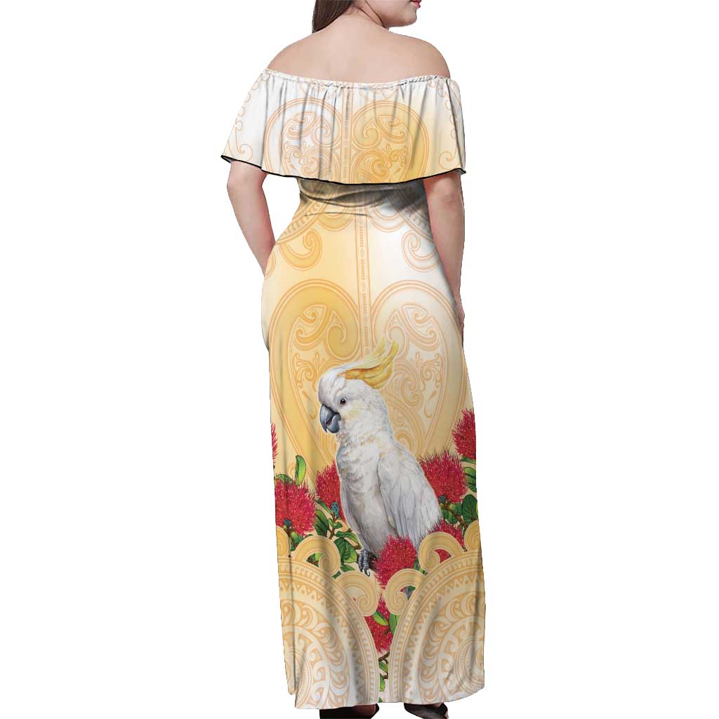 New Zealand Aotearoa Cockatoo Off Shoulder Maxi Dress Maori Pattern With Pohutukawa Flowers