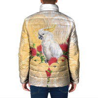 New Zealand Aotearoa Cockatoo Padded Jacket Maori Pattern With Pohutukawa Flowers