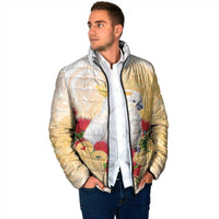 New Zealand Aotearoa Cockatoo Padded Jacket Maori Pattern With Pohutukawa Flowers