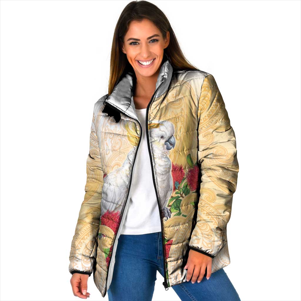 New Zealand Aotearoa Cockatoo Padded Jacket Maori Pattern With Pohutukawa Flowers
