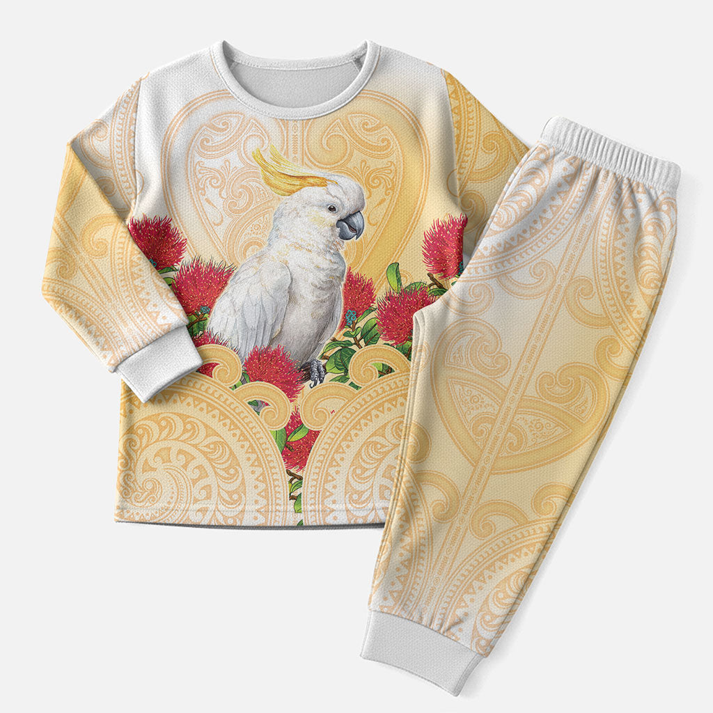 New Zealand Aotearoa Cockatoo Christmas Pajama Set Maori Pattern With Pohutukawa Flowers LT05 Men Beige - Polynesian Pride