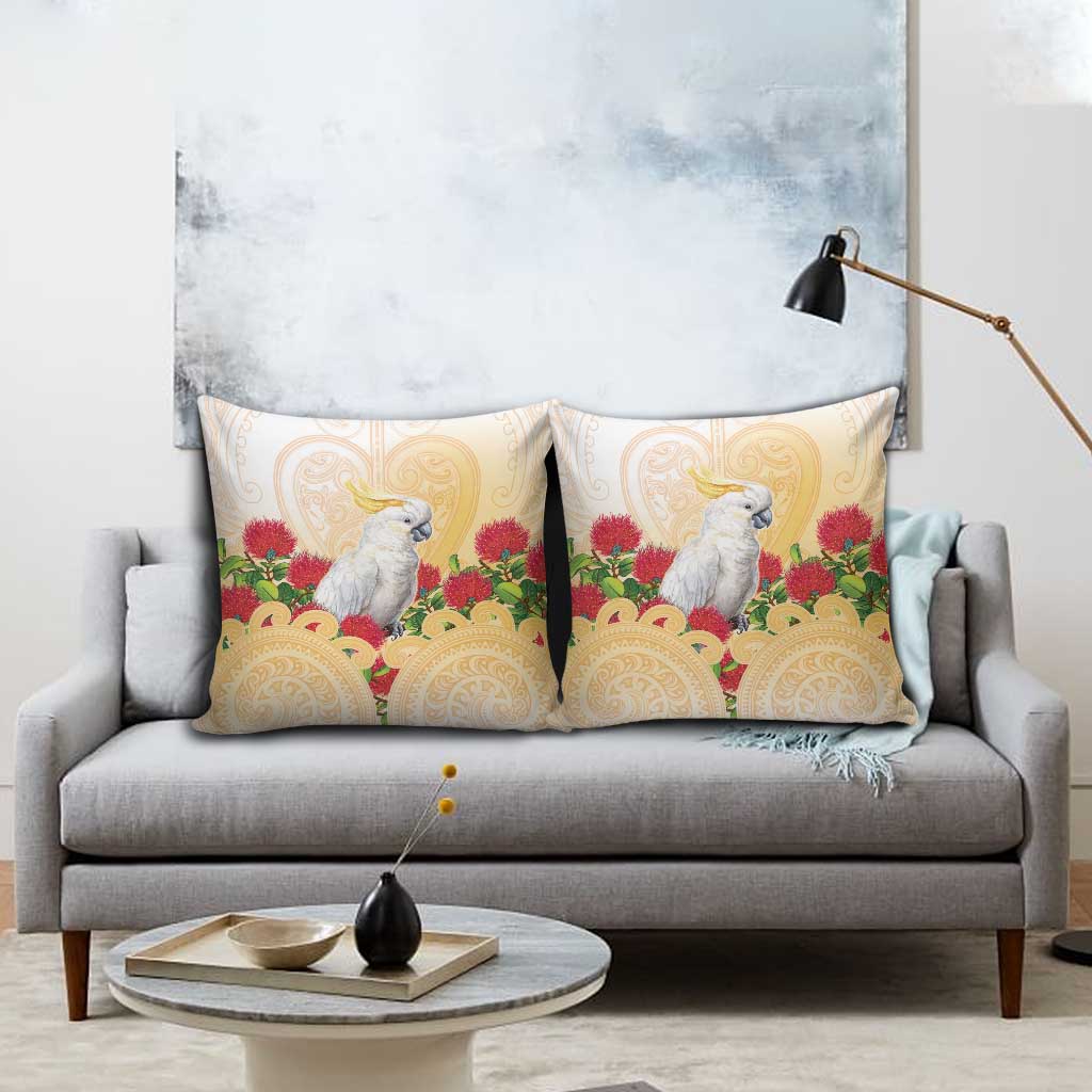 New Zealand Aotearoa Cockatoo Pillow Cover Maori Pattern With Pohutukawa Flowers