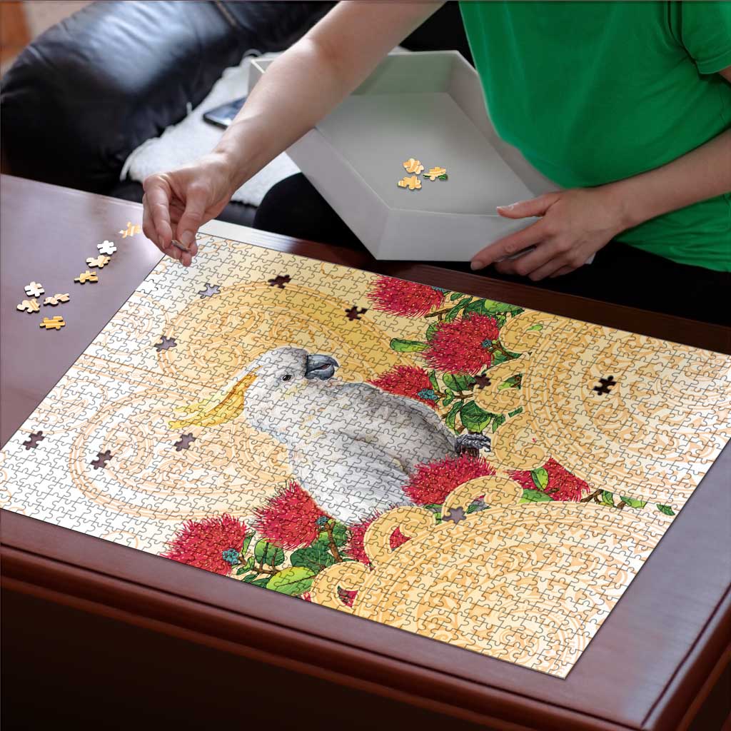 New Zealand Aotearoa Cockatoo Puzzle Maori Pattern With Pohutukawa Flowers