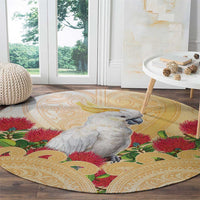 New Zealand Aotearoa Cockatoo Round Carpet Maori Pattern With Pohutukawa Flowers