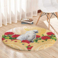 New Zealand Aotearoa Cockatoo Round Carpet Maori Pattern With Pohutukawa Flowers
