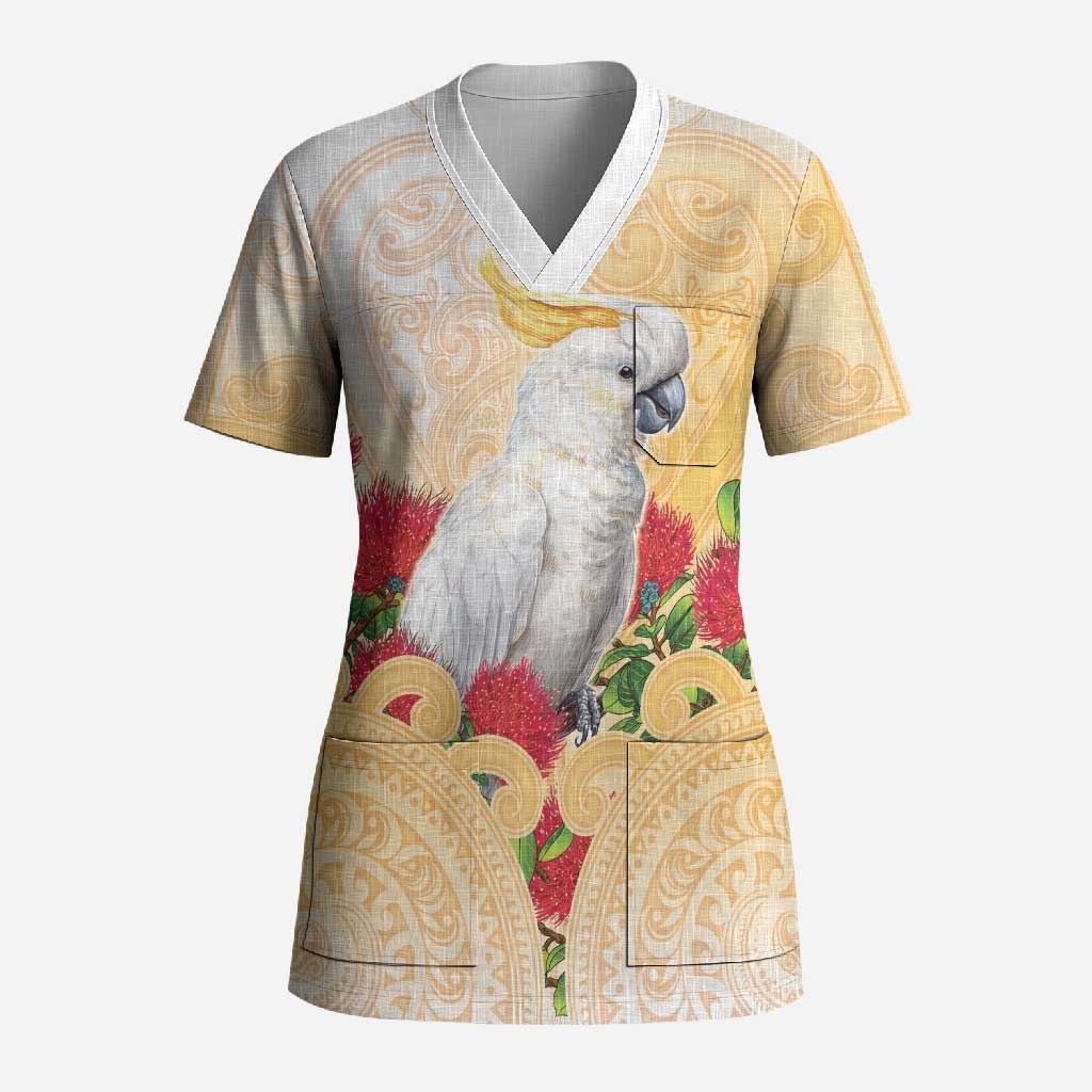 New Zealand Aotearoa Cockatoo Scrub Top Maori Pattern With Pohutukawa Flowers
