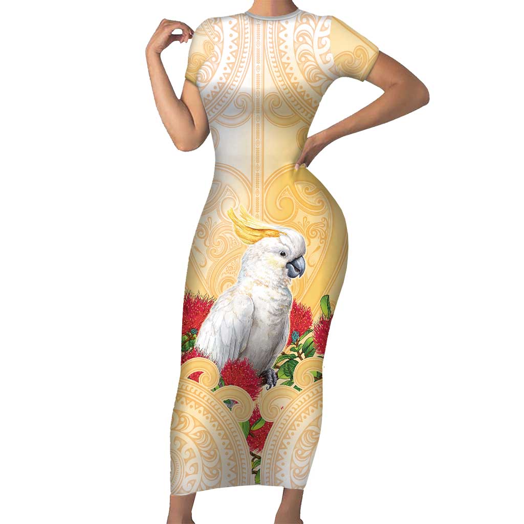 New Zealand Aotearoa Cockatoo Short Sleeve Bodycon Dress Maori Pattern With Pohutukawa Flowers