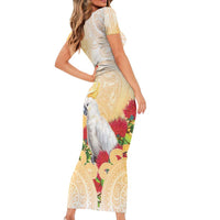 New Zealand Aotearoa Cockatoo Short Sleeve Bodycon Dress Maori Pattern With Pohutukawa Flowers
