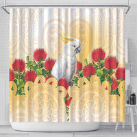 New Zealand Aotearoa Cockatoo Shower Curtain Maori Pattern With Pohutukawa Flowers