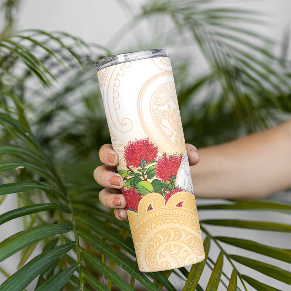 New Zealand Aotearoa Cockatoo Skinny Tumbler Maori Pattern With Pohutukawa Flowers LT05 - Polynesian Pride