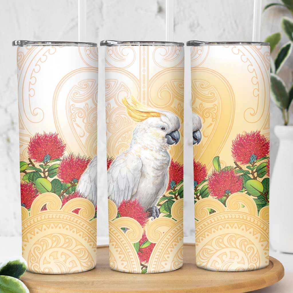 New Zealand Aotearoa Cockatoo Skinny Tumbler Maori Pattern With Pohutukawa Flowers LT05 - Polynesian Pride