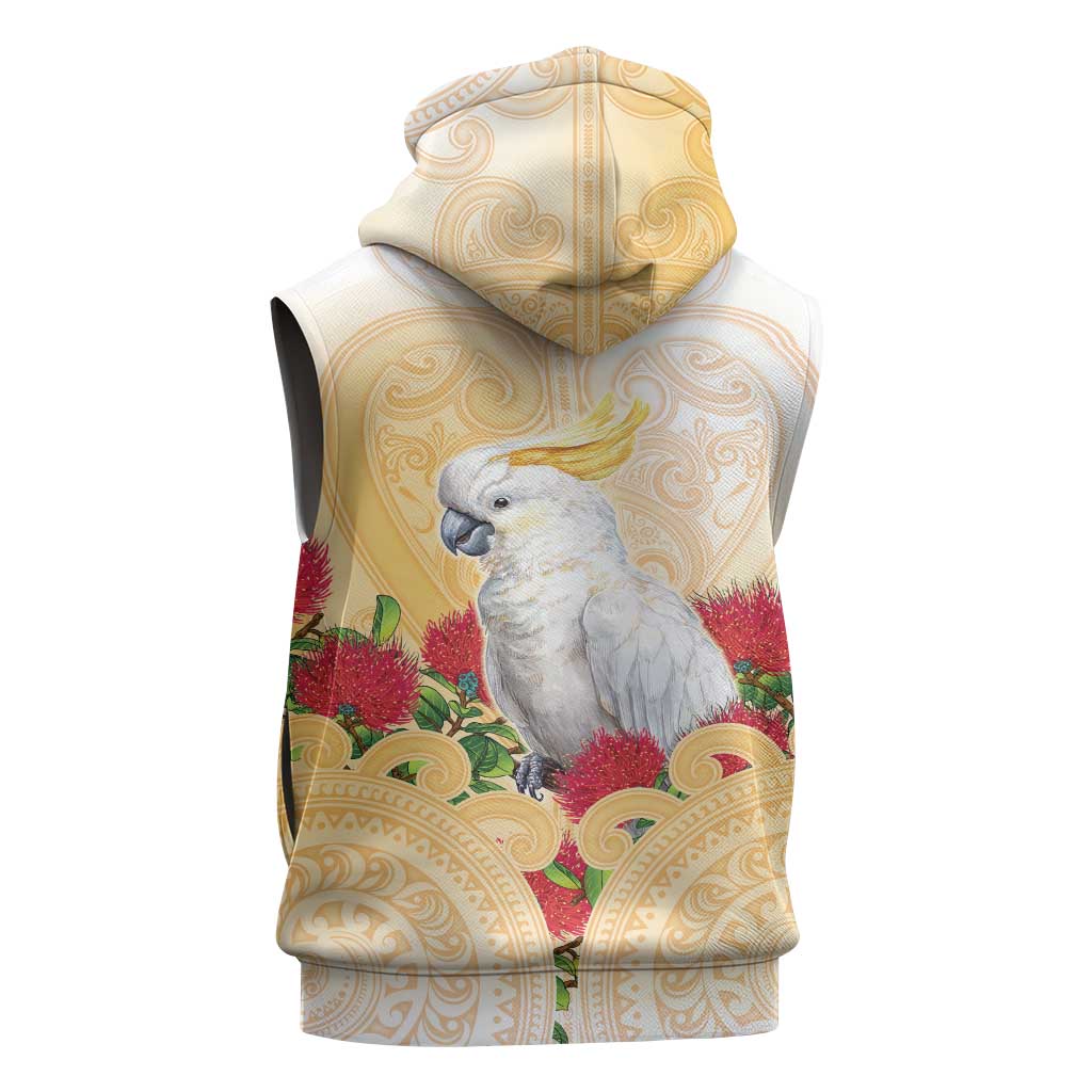 New Zealand Aotearoa Cockatoo Sleeveless Hoodie Maori Pattern With Pohutukawa Flowers