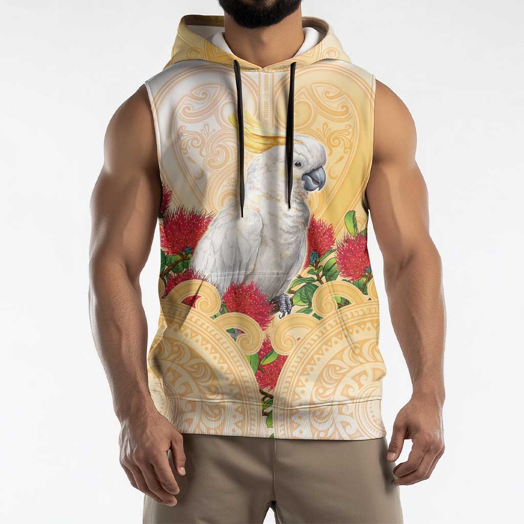 New Zealand Aotearoa Cockatoo Sleeveless Hoodie Maori Pattern With Pohutukawa Flowers