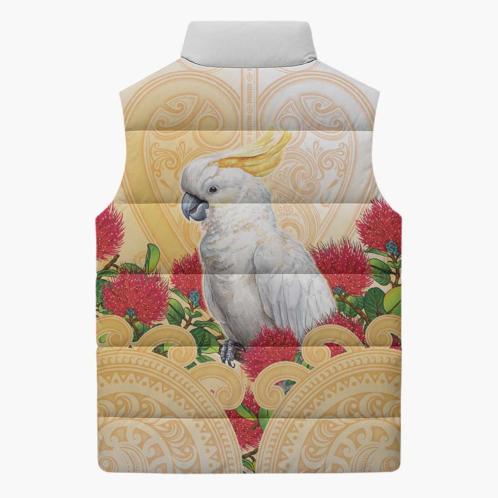 New Zealand Aotearoa Cockatoo Sleeveless Puffer Jacket Maori Pattern With Pohutukawa Flowers