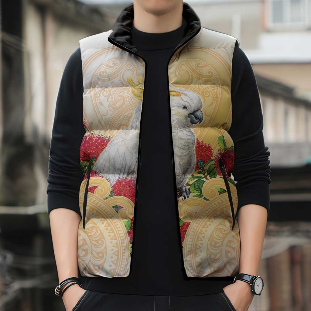 New Zealand Aotearoa Cockatoo Sleeveless Puffer Jacket Maori Pattern With Pohutukawa Flowers