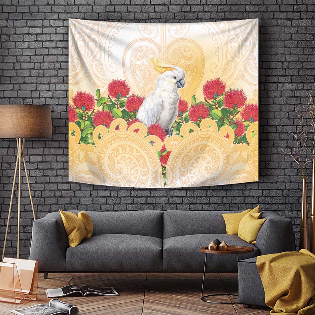 New Zealand Aotearoa Cockatoo Tapestry Maori Pattern With Pohutukawa Flowers
