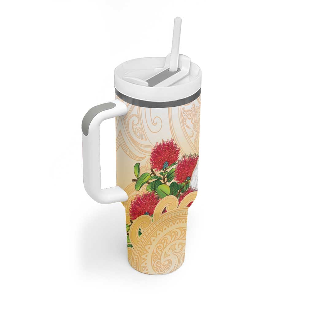 New Zealand Aotearoa Cockatoo Tumbler With Handle Maori Pattern With Pohutukawa Flowers