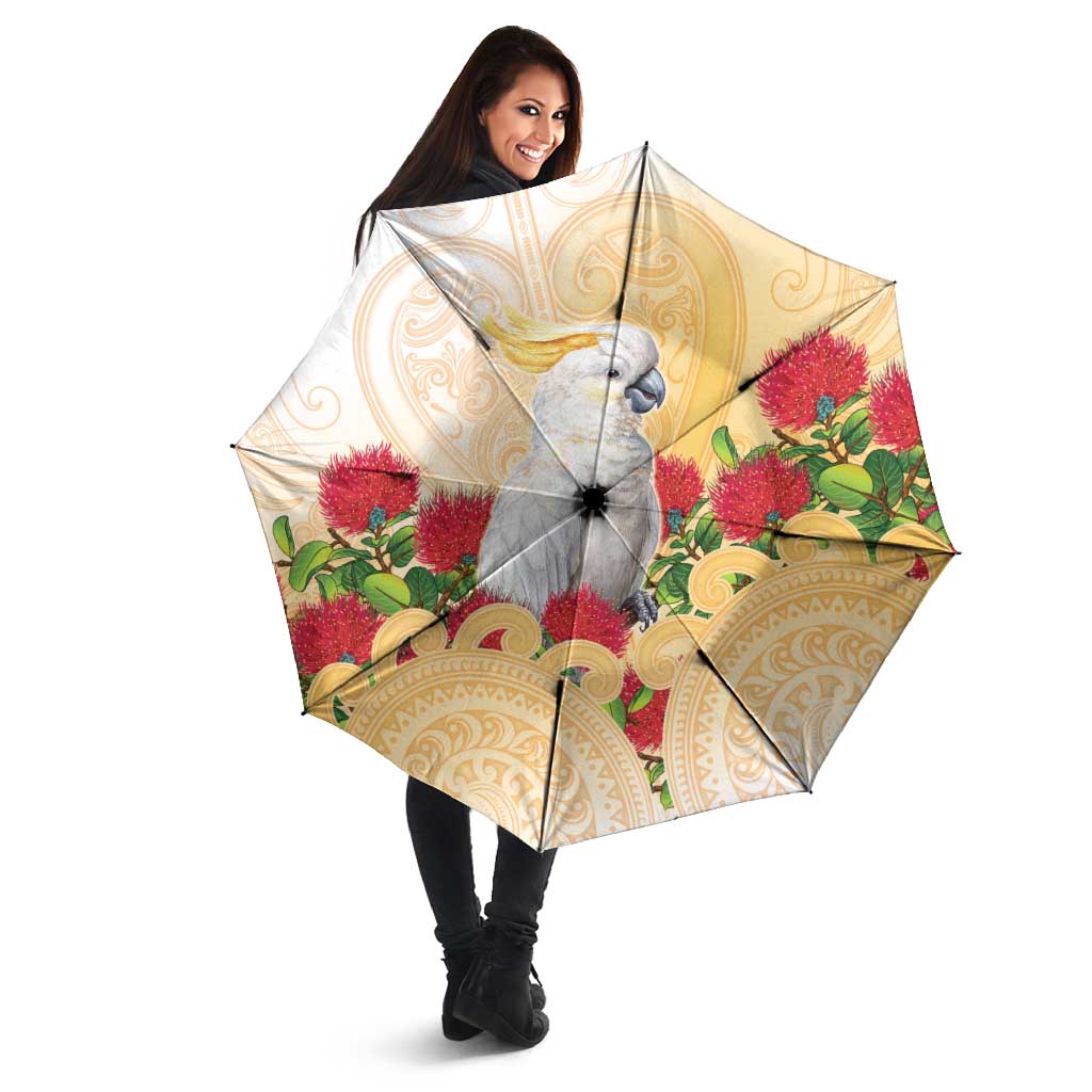 New Zealand Aotearoa Cockatoo Umbrella Maori Pattern With Pohutukawa Flowers