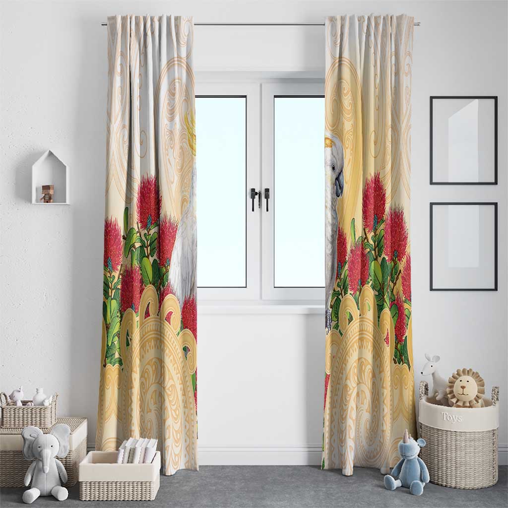 New Zealand Aotearoa Cockatoo Window Curtain Maori Pattern With Pohutukawa Flowers