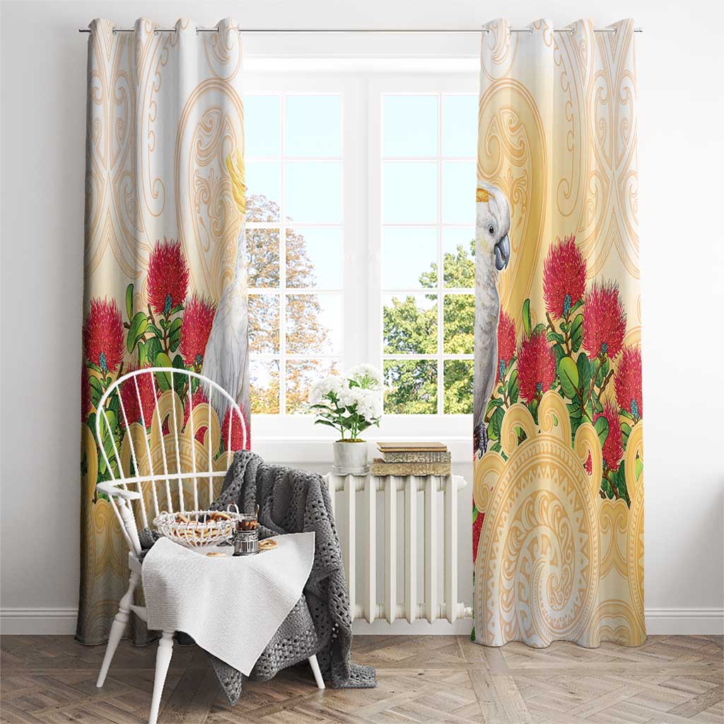 New Zealand Aotearoa Cockatoo Window Curtain Maori Pattern With Pohutukawa Flowers