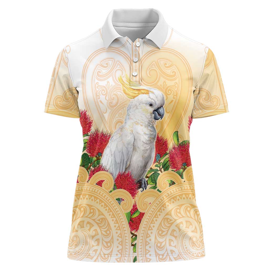 New Zealand Aotearoa Cockatoo Women Polo Shirt Maori Pattern With Pohutukawa Flowers LT05 Female Beige - Polynesian Pride