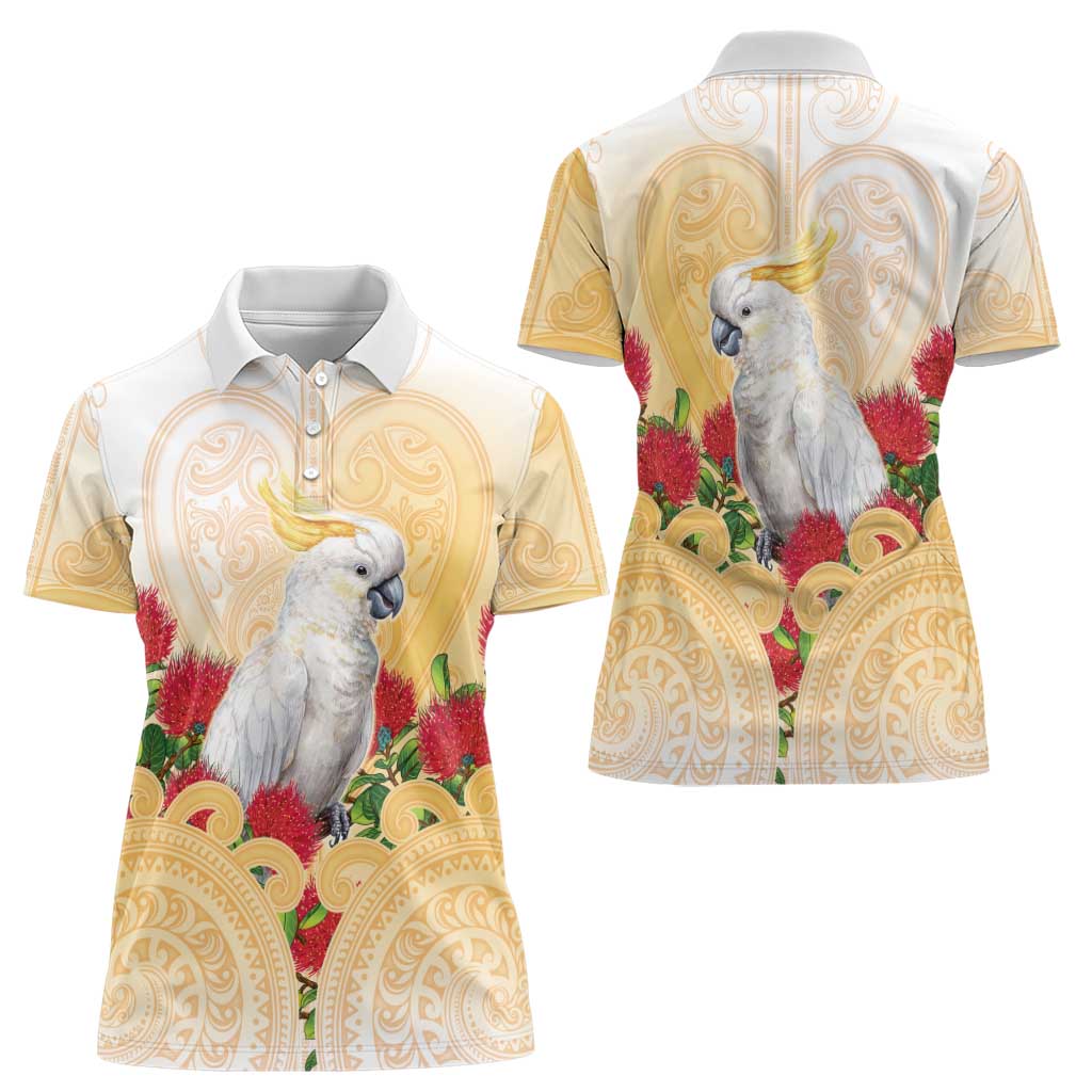 New Zealand Aotearoa Cockatoo Women Polo Shirt Maori Pattern With Pohutukawa Flowers LT05 - Polynesian Pride