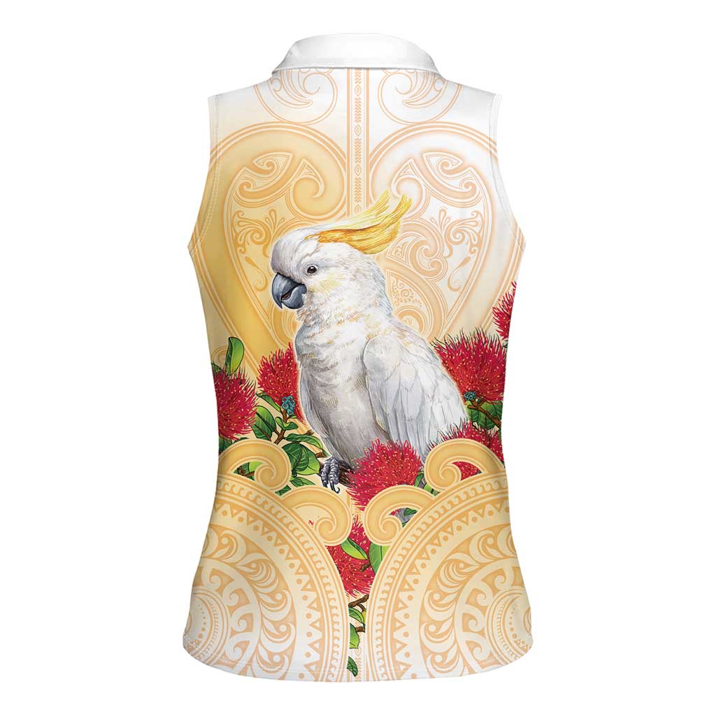 New Zealand Aotearoa Cockatoo Women Sleeveless Polo Shirt Maori Pattern With Pohutukawa Flowers LT05 - Polynesian Pride