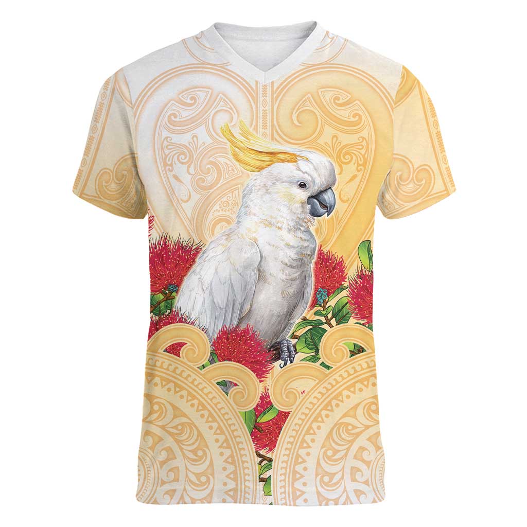 New Zealand Aotearoa Cockatoo Women V-Neck T-Shirt Maori Pattern With Pohutukawa Flowers LT05 Female Beige - Polynesian Pride
