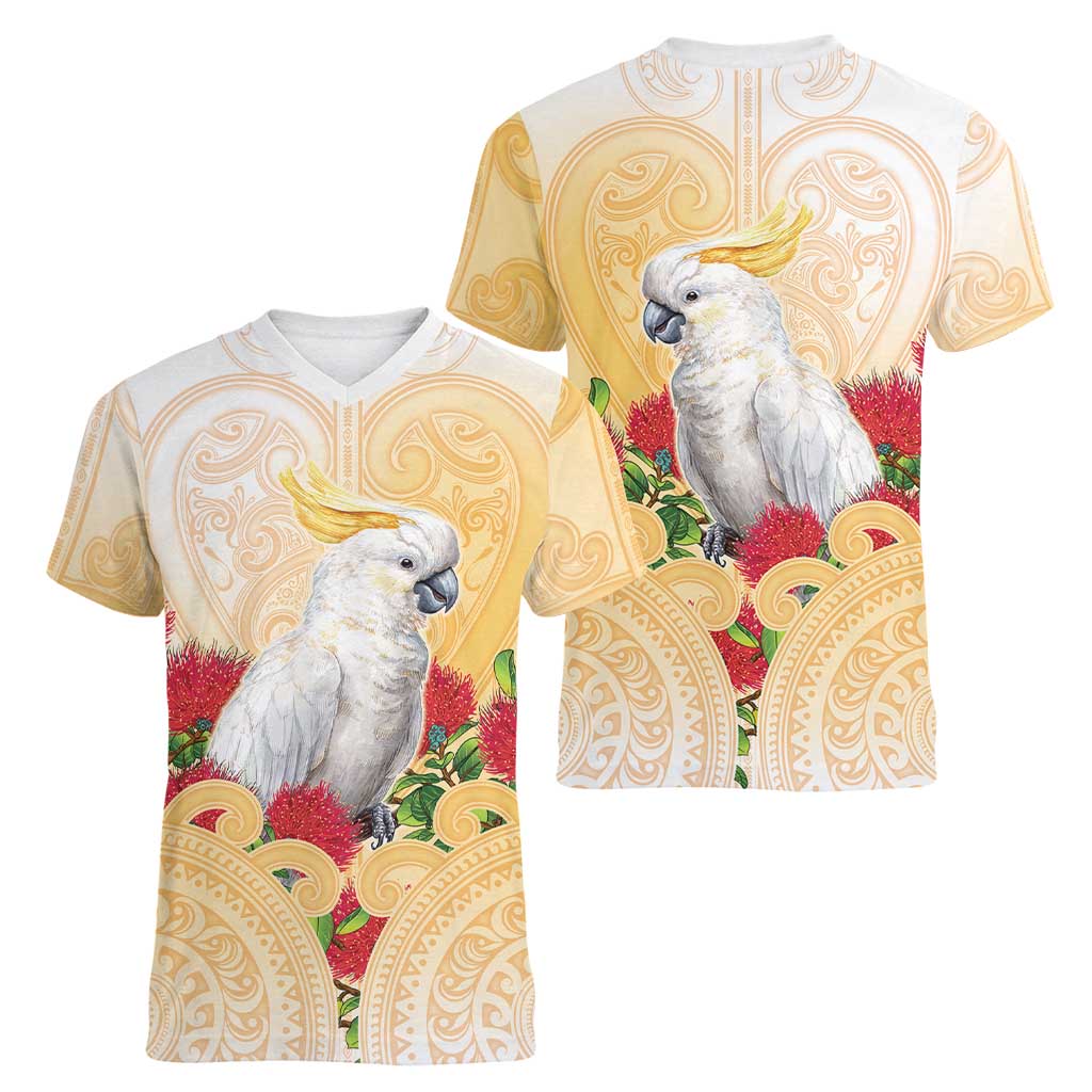 New Zealand Aotearoa Cockatoo Women V-Neck T-Shirt Maori Pattern With Pohutukawa Flowers LT05 - Polynesian Pride