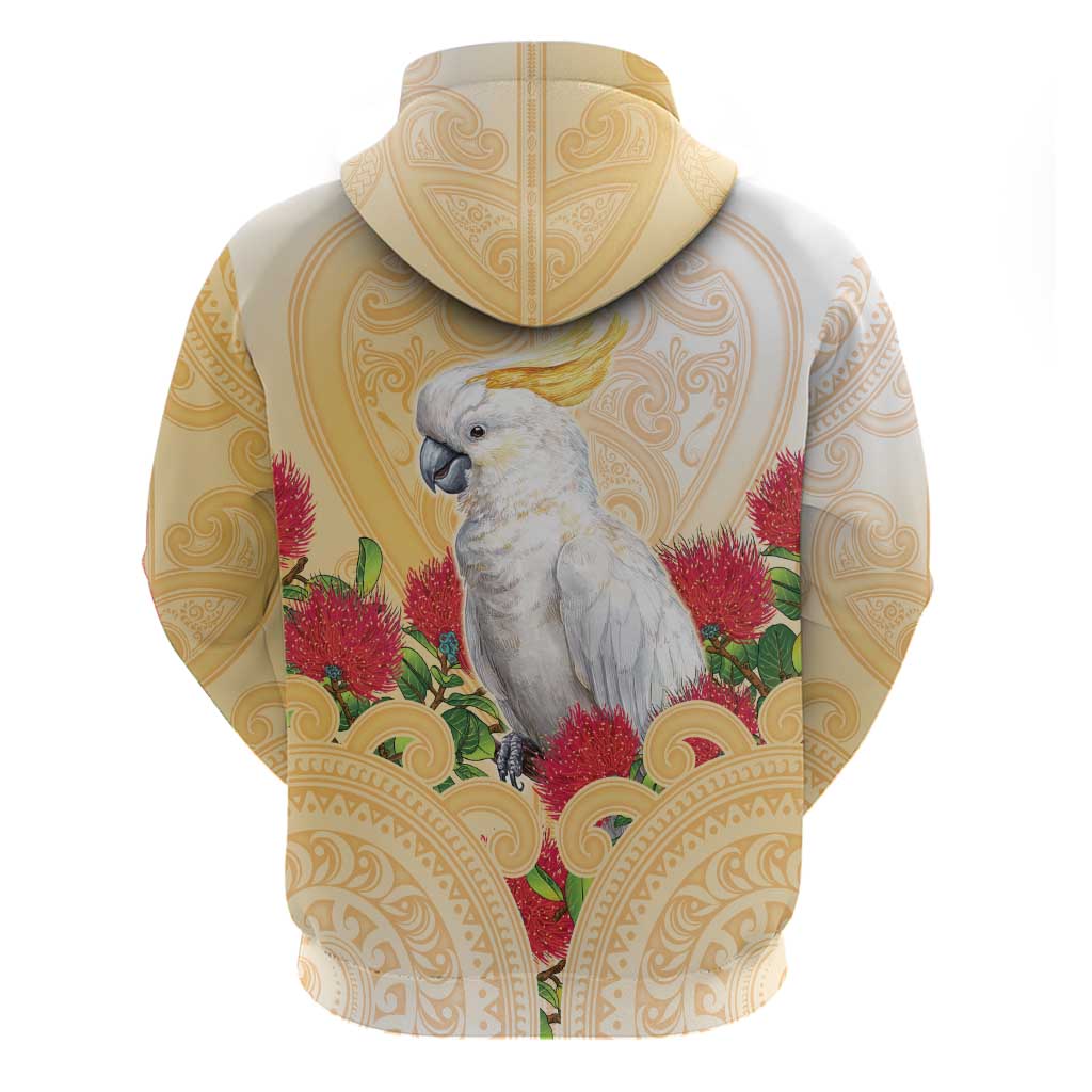 New Zealand Aotearoa Cockatoo Zip Hoodie Maori Pattern With Pohutukawa Flowers