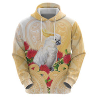 New Zealand Aotearoa Cockatoo Zip Hoodie Maori Pattern With Pohutukawa Flowers