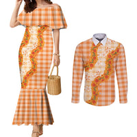 Orange Hawaii Palaka Couples Matching Mermaid Dress and Long Sleeve Button Shirt Hawaiian Ilima Lei