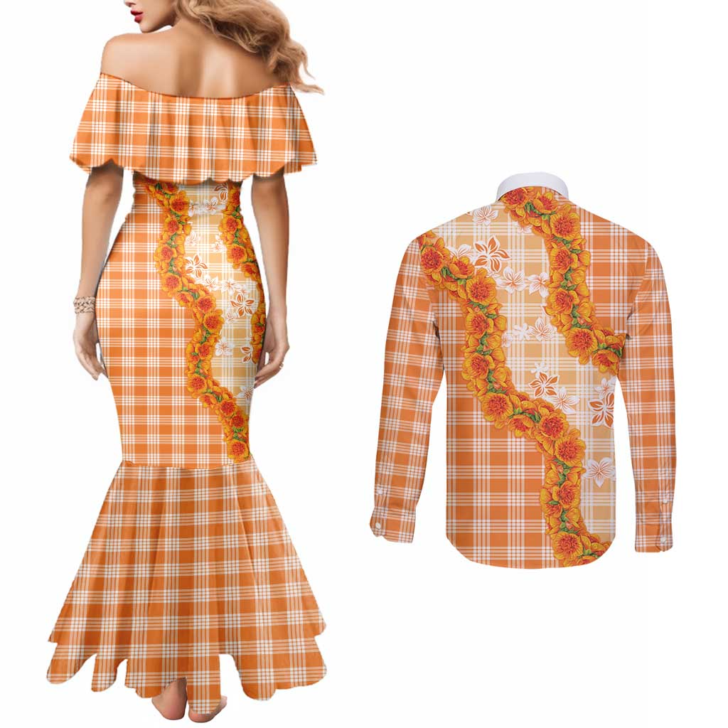 Orange Hawaii Palaka Couples Matching Mermaid Dress and Long Sleeve Button Shirt Hawaiian Ilima Lei
