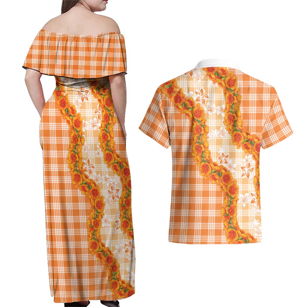 Orange Hawaii Palaka Couples Matching Off Shoulder Maxi Dress and Hawaiian Shirt Hawaiian Ilima Lei