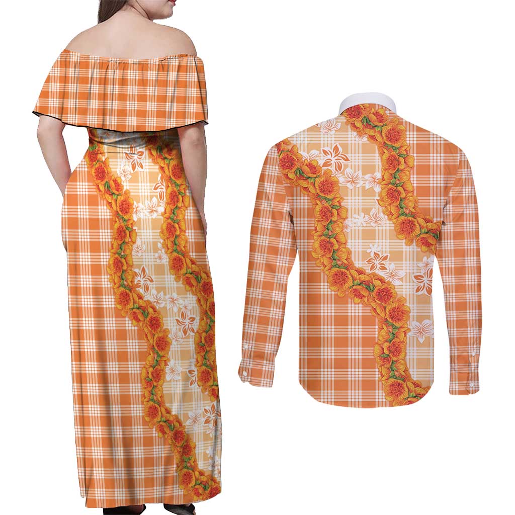 Orange Hawaii Palaka Couples Matching Off Shoulder Maxi Dress and Long Sleeve Button Shirt Hawaiian Ilima Lei