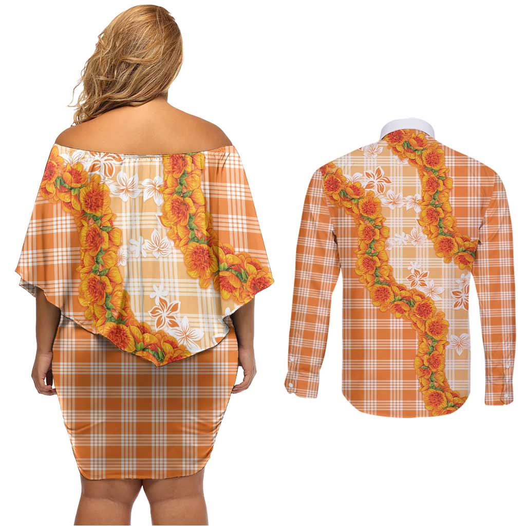 Orange Hawaii Palaka Couples Matching Off Shoulder Short Dress and Long Sleeve Button Shirt Hawaiian Ilima Lei