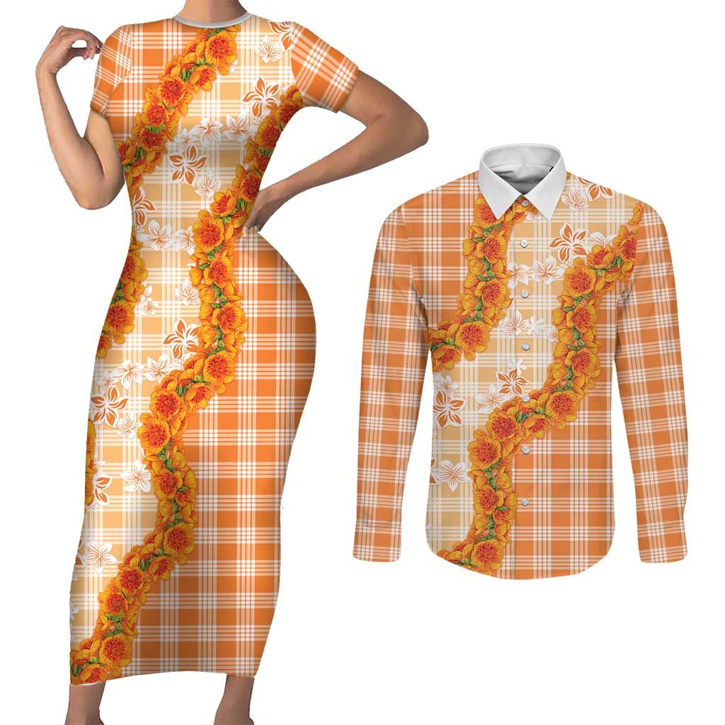 Orange Hawaii Palaka Couples Matching Short Sleeve Bodycon Dress and Long Sleeve Button Shirt Hawaiian Ilima Lei