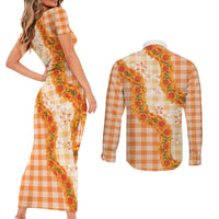 Orange Hawaii Palaka Couples Matching Short Sleeve Bodycon Dress and Long Sleeve Button Shirt Hawaiian Ilima Lei