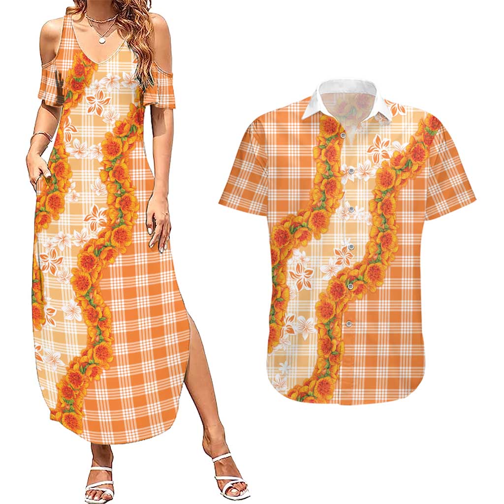 Orange Hawaii Palaka Couples Matching Summer Maxi Dress and Hawaiian Shirt Hawaiian Ilima Lei