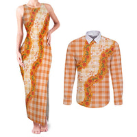 Orange Hawaii Palaka Couples Matching Tank Maxi Dress and Long Sleeve Button Shirt Hawaiian Ilima Lei