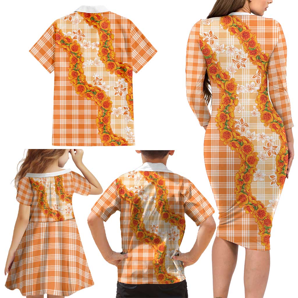 Orange Hawaii Palaka Family Matching Long Sleeve Bodycon Dress and Hawaiian Shirt Hawaiian Ilima Lei LT05 - Polynesian Pride