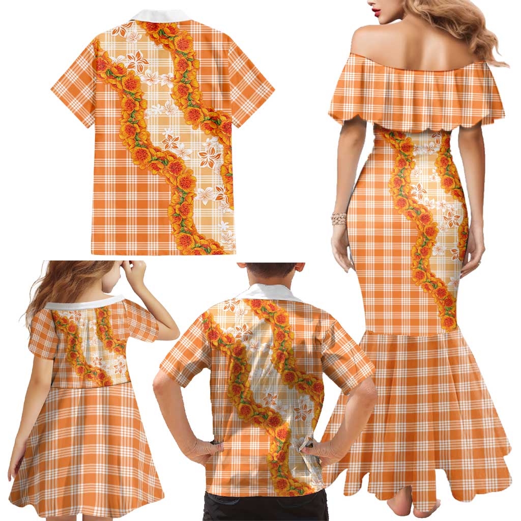 Orange Hawaii Palaka Family Matching Mermaid Dress and Hawaiian Shirt Hawaiian Ilima Lei LT05 - Polynesian Pride