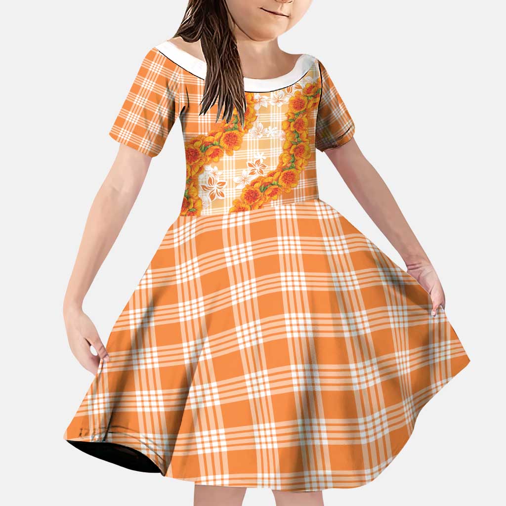 Orange Hawaii Palaka Family Matching Off The Shoulder Long Sleeve Dress and Hawaiian Shirt Hawaiian Ilima Lei LT05 Daughter's Dress Orange - Polynesian Pride