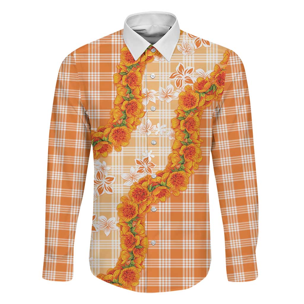 Orange Hawaii Palaka Family Matching Off Shoulder Maxi Dress and Hawaiian Shirt Hawaiian Ilima Lei