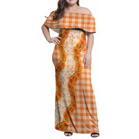Orange Hawaii Palaka Family Matching Off Shoulder Maxi Dress and Hawaiian Shirt Hawaiian Ilima Lei