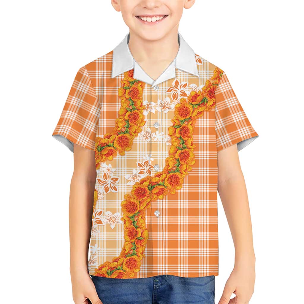 Orange Hawaii Palaka Family Matching Off Shoulder Short Dress and Hawaiian Shirt Hawaiian Ilima Lei LT05 Son's Shirt Orange - Polynesian Pride