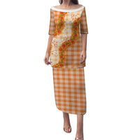 Orange Hawaii Palaka Family Matching Puletasi and Hawaiian Shirt Hawaiian Ilima Lei