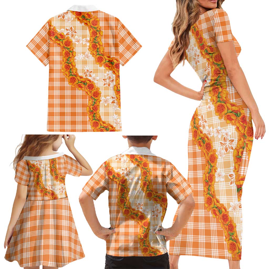 Orange Hawaii Palaka Family Matching Short Sleeve Bodycon Dress and Hawaiian Shirt Hawaiian Ilima Lei LT05 - Polynesian Pride