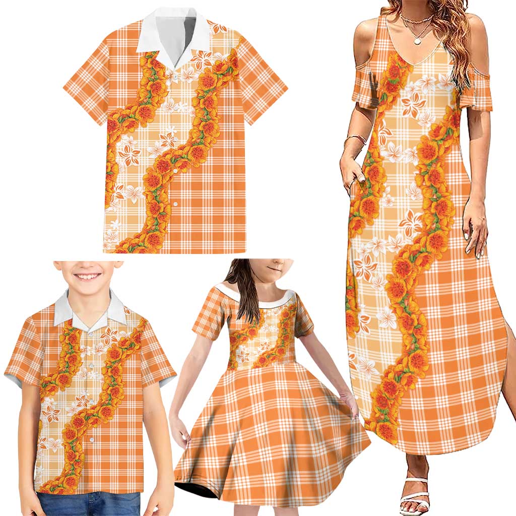 Orange Hawaii Palaka Family Matching Summer Maxi Dress and Hawaiian Shirt Hawaiian Ilima Lei