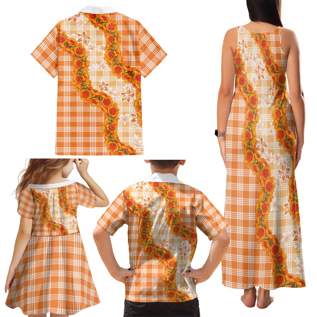 Orange Hawaii Palaka Family Matching Tank Maxi Dress and Hawaiian Shirt Hawaiian Ilima Lei LT05 - Polynesian Pride